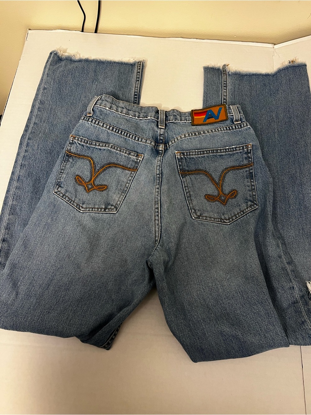 Aviator Nation Light Blue Straight Jeans with Brown Pocket Stitching
